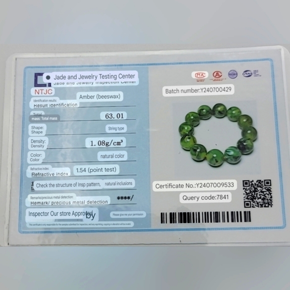 20mm Green Swirl Beeswax Amber Beaded Stretch Bracelet Size 7" Certified Beads - Picture 8 of 10